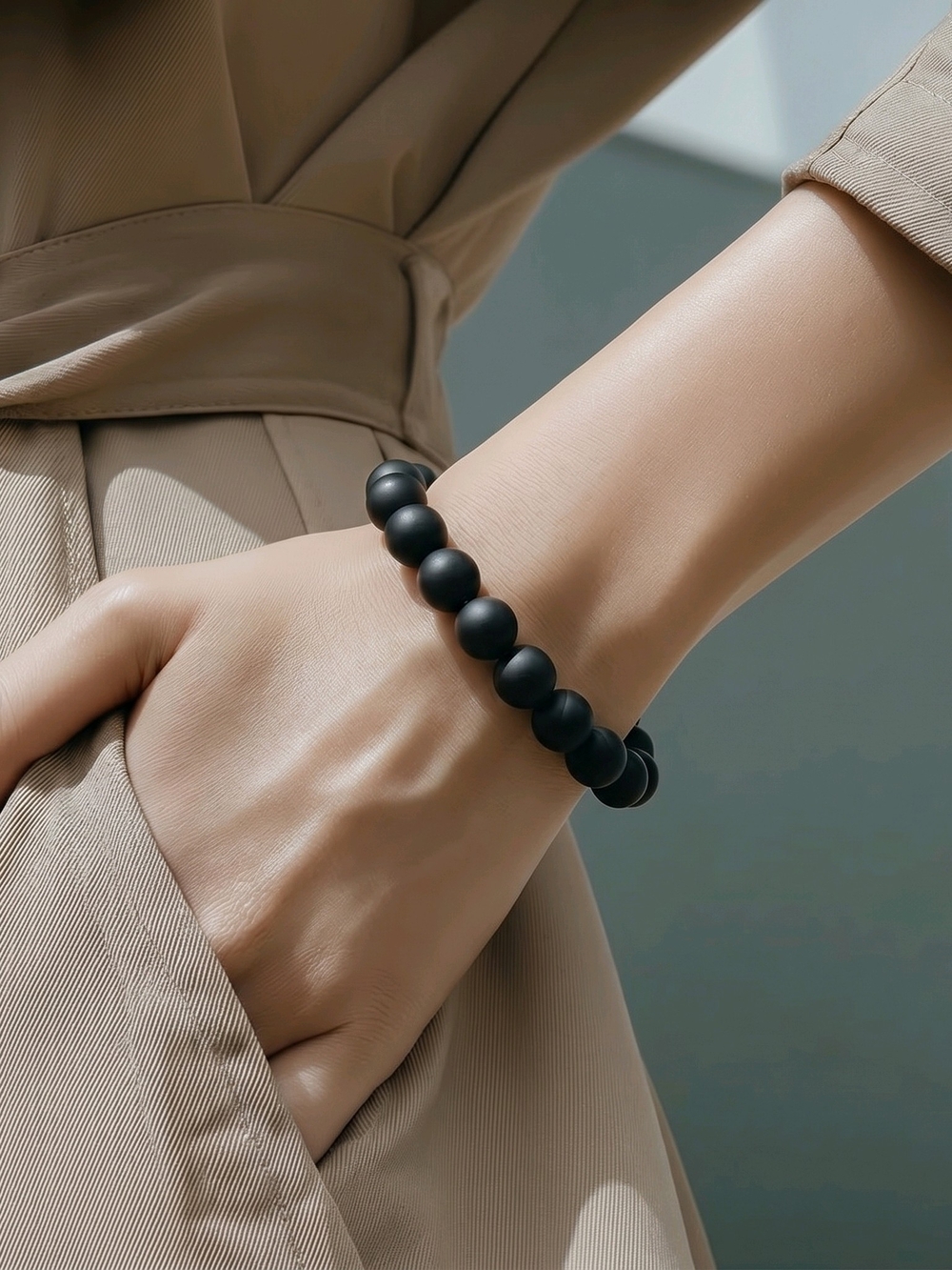 Matte Black Onyx Beaded Stretch Bracelet 10mm 7"